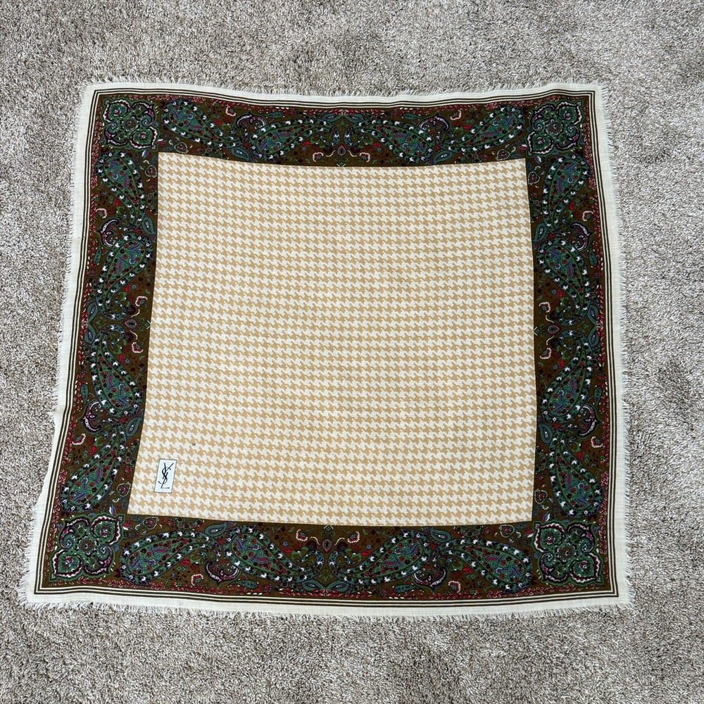 YSL Vintage Houndstooth Paisley Square Scarf Tan Cream Brown Green Red FLAWS - Picture 12 of 12
